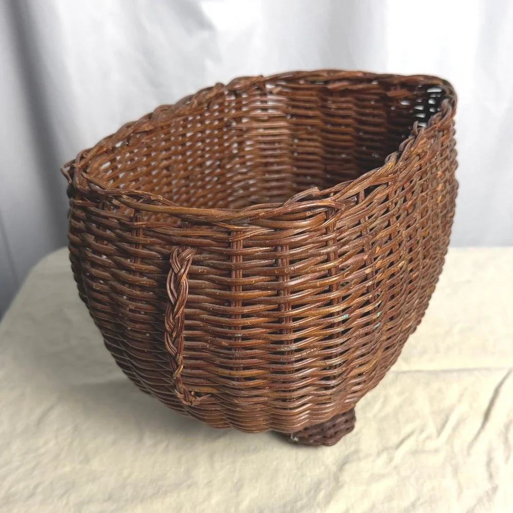 VTG Wicker Rattan Pig Basket Planter Bowl Folk Art Farmhouse Rustic Decor Gift